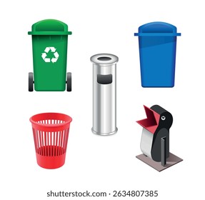 Set of trash cans and buckets isolated on white background. Vector illustration