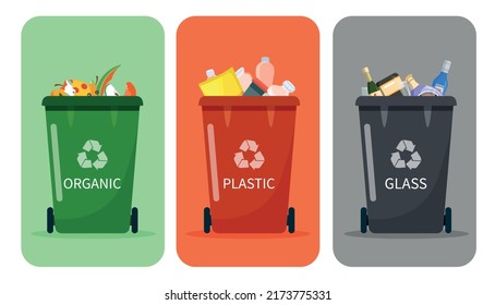 Set of trash cans. Collection of waste sorting containers. Eco friendly and responsible society, caring for nature and environment. Cartoon flat vector illustrations isolated on white background