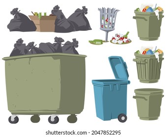 Set of trash cans. Various garbage containers. Illustration concept for mobile website and internet development.