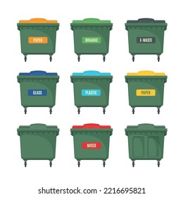 Set of trash container icons in flat style isolated on white background. Recycle bins for different tipes of garbage. Reuse, reduce, recycle concept. Vector illustration