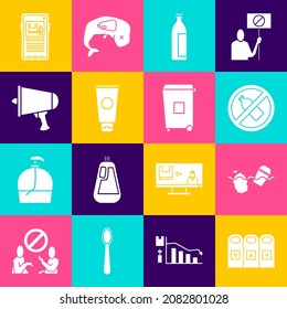 Set Trash in garbage cans sorted, Problem pollution of the ocean, No plastic bottle, Lotion cosmetic tube, Cream, Spread word, megaphone, Stop and  icon. Vector