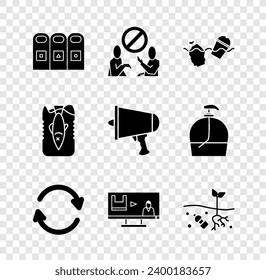 Set Trash in garbage cans sorted, Stop plastic pollution, Problem of the ocean, Refresh, planet,  and Spread word, megaphone icon. Vector