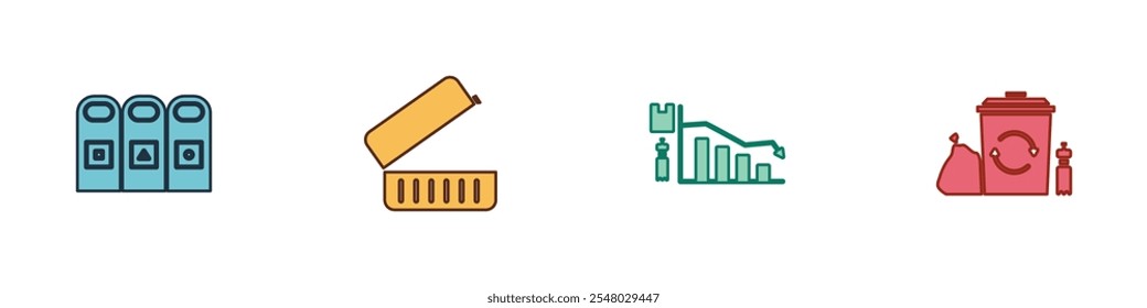 Set Trash in garbage cans sorted, Lunch box, Ecology infographic and Recycle bin with recycle icon. Vector