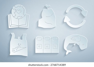 Set Trash in garbage cans sorted, Refresh, Dead bird, plastic, Environment protection whale dead, Garbage and Earth globe and book icon. Vector