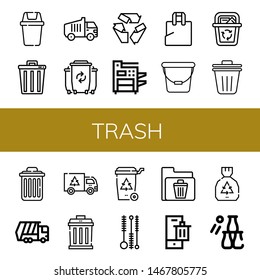 Set of trash icons such as Bin, Trash, Garbage truck, Waste, Recycle, Photocopier, Plastic bag, Bucket, Recycle bin, Trash bin, Delete, Garbage, Cleaning brush, Bottle throw ,