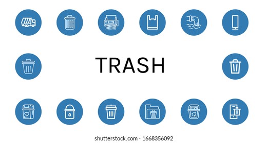 Set Of Trash Icons. Such As Garbage Truck, Delete, Shredder, Plastic Bag, Waste, Paper Lamp, Bin, Water Bucket, Garbage Bin, Recycle Bin, Trash , Trash Icons