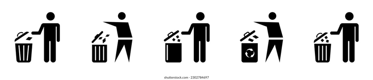 Set of trash and man vector icons. Throw garbage. Tidy man. Symbol keep clean. Baskets for trash.