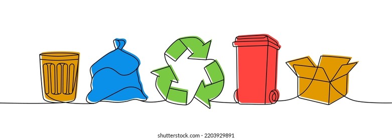 Juego de basura de una línea de dibujo continuo coloreado. Basura, basurero, basura, papelera de reciclaje, caja de cartón continua de una línea de colorida ilustración.