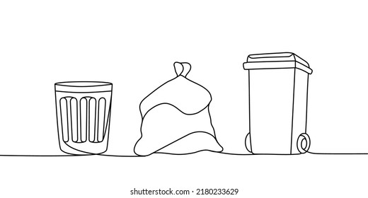 Set of trash one line continuous drawing. Rubbish, garbage, trash can, garbage bag, recycle bin continuous one line set illustration.