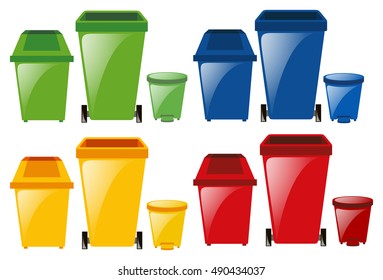 Set of trashcans in different colors illustration