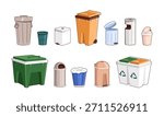Set of trashcans with different shapes. Various waste bins for indoors and outdoors. Litter cans and dustbins for recycling. Garbage containers. Flat isolated vector illustrations on white background