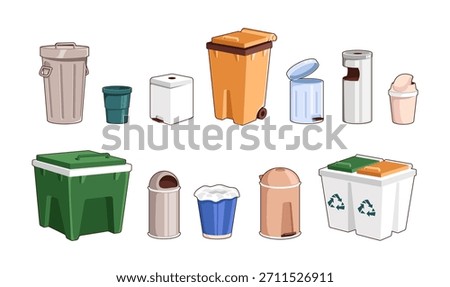 Set of trashcans with different shapes. Various waste bins for indoors and outdoors. Litter cans and dustbins for recycling. Garbage containers. Flat isolated vector illustrations on white background