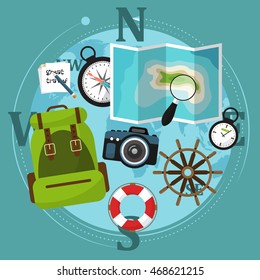 Set of travel accessories with backpack, compass, map and other items. Vector illustration
