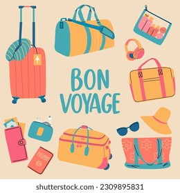 A set of travel accessories for recreation. Various luggage bags, suitcases, cosmetics, a set of things for a comfortable trip on board the plane. Bon voyage text