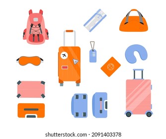 Set of travel accessories (suticases, mask, pillow, bags, passport). Baggage collection for travel and tourism concept. Vector illustration. 