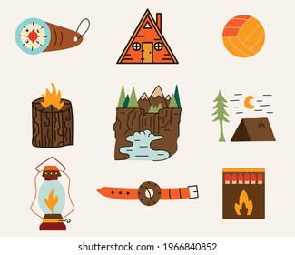 Set of travel and adventure vector cabin life elements