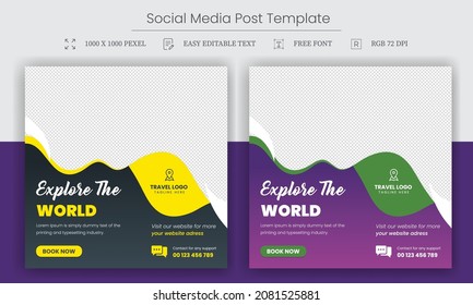 Set of travel agency social media post template. Web banner, flyer, poster for traveling agency business offer promotion. Holiday and tour advertising post design. Editable Social Media Post Template.