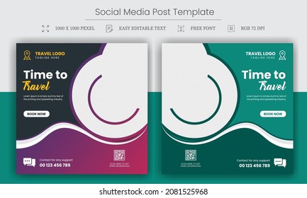 Set of travel agency social media post template. Web banner, flyer, poster for traveling agency business offer promotion. Holiday and tour advertising post design. Editable Social Media Post Template.
