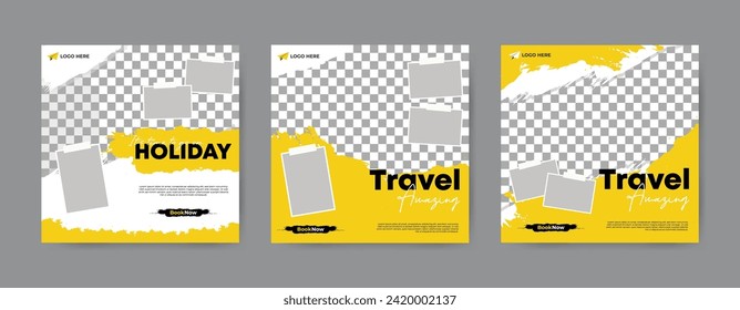 Set of travel agency social media post template. Square banner design background.