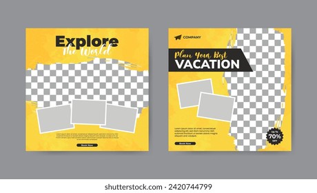 Set of travel agency social media post template. Square banner design background.