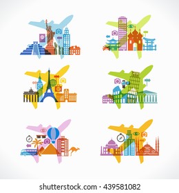 Set travel background.  Symbol airplane surrounded by the landmark and tourism icons. File is saved in 10 EPS version.
