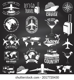 Set of travel badge, logo with design element on the chalkboard. Travel inspiration quotes with globe, airplane, suitcase and cocktail silhouette. Vector illustration. Motivation for traveling poster
