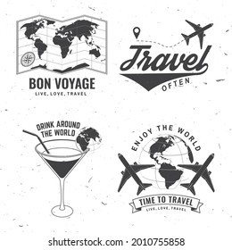 Set of travel badge, logo Travel inspiration quotes with globe, airplane, suitcase and cocktail silhouette. Vector illustration. Motivation for traveling poster typography.