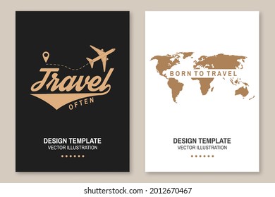 Set of travel badge, logo Travel inspiration quotes with airplane, travel map silhouette. Vector illustration. Motivation for traveling flyer, brochure, banner, poster typography.