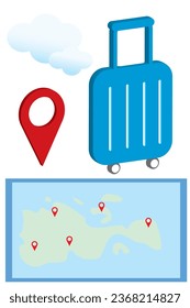 Set travel bag and checkpoints, 3D model, complete with clouds and map location. white background