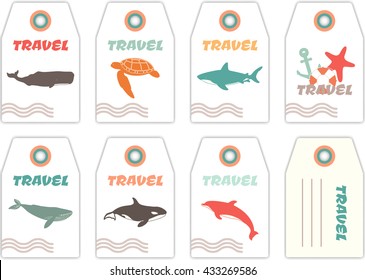 Set of Travel Bag Tags with Sea Animals. Vector Illustration.