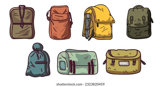 Set of travel bags. Cartoon backpack and bags. Camping and hiking backpack. Travel luggage. Travelers luggage, vector illustration isolated on white background