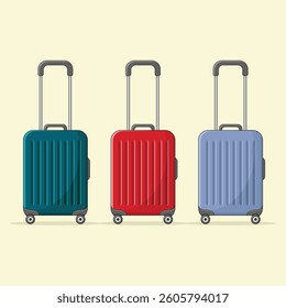 Set of travel bags in green, red and blue colours. Suitcase vector illustration.