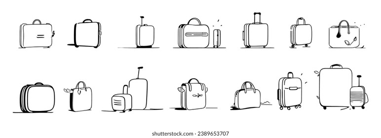 A set of travel bags isolated on a white background. Travel luggage black icon. The concept of a travel suitcase and a sign for an airport. Vector illustration