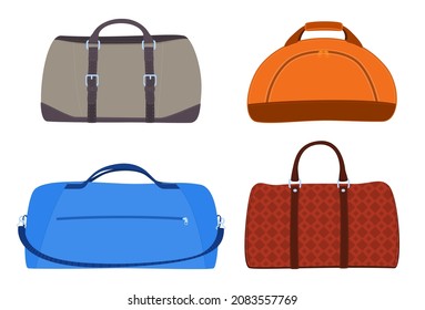 Set of travel bags. Travel luggage. Packing personal belongings in suitcases, bags. Vector illustration