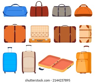 Set of travel bags. Travel luggage. Packing personal belongings in suitcases, bags. Vector illustration
