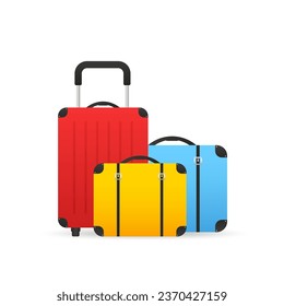 Set of travel bags, red, yellow and blue. Flat design style. Trolley case, flight bag on wheels for business trip, summer vacation, travel. Front view. Vector illustration