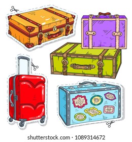 set travel bags, retro suitcase with belt, suitcase on wheels and stickers on suitcases