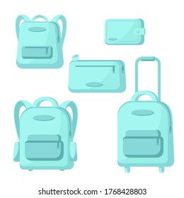 Set of travel bags, suitcase, backpacks, clutch isolated on white background. Vector icons in  flat style illustration. Voyage baggage design for banner, sale, store, shop