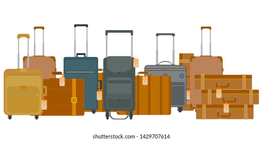A set of travel bags. Suitcases and bags on wheels. Very convenient for travel and cargo transportation. Vector illustration.