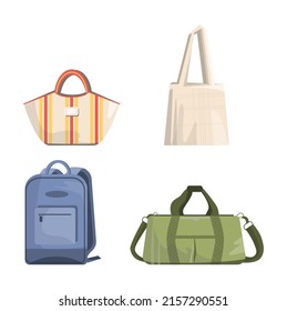 Set of travel bags for vacation. Various luggage bags, backpack, tote beach and fabric bag. Flat vector illustration