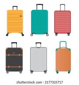 Set Of Travel Bags Vector Illustration In Flat Style. Colorful Tourist Luggage Isolated On White Backdrop. Big Collection Of Cartoon Yellow And Orange Handbags, And Green Briefcase, Blue Rucksack