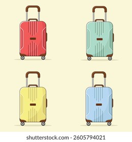 Set of travel bags in yellow, green, red and blue colours. Suitcase vector illustration.