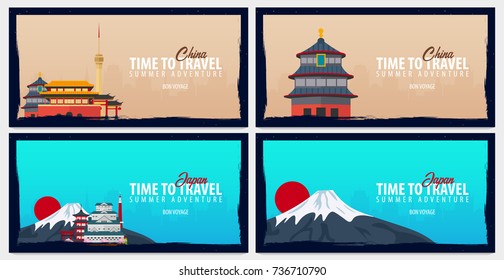 Set of travel banners to China and Japan. Time to Travel. Journey, trip and vacation. Vector flat illustration