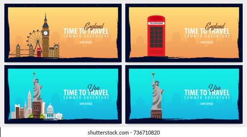 Set of travel banners to England and USA. Time to Travel. Journey, trip and vacation. Vector flat illustration
