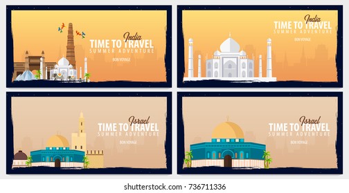Set of travel banners to India and Israel. Time to Travel. Journey, trip and vacation. Vector flat illustration