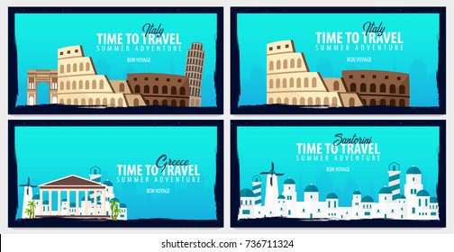 Set of travel banners to Italy and Greece. Time to Travel. Journey, trip and vacation. Vector flat illustration