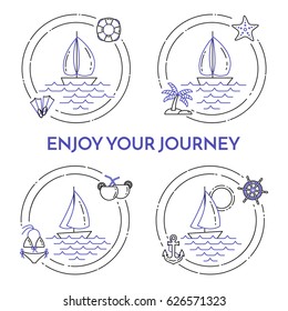 Set of travel banners with sailboat on waves and beach vacation accessories in circle. Flat line art vector illustration.