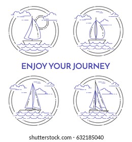Set of travel banners with sailboat on waves and clouds with sun in circles isolated on white background. Flat line art vector illustration of abstract skyline. 