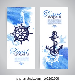 Set of travel banners. Sea nautical design. Hand drawn sketch and watercolor illustrations	