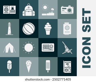 Set Travel brochure, Sunbed, Passport with ticket, Beach umbrella and chair, ball, Lighthouse,  and Ice cream in waffle cone icon. Vector